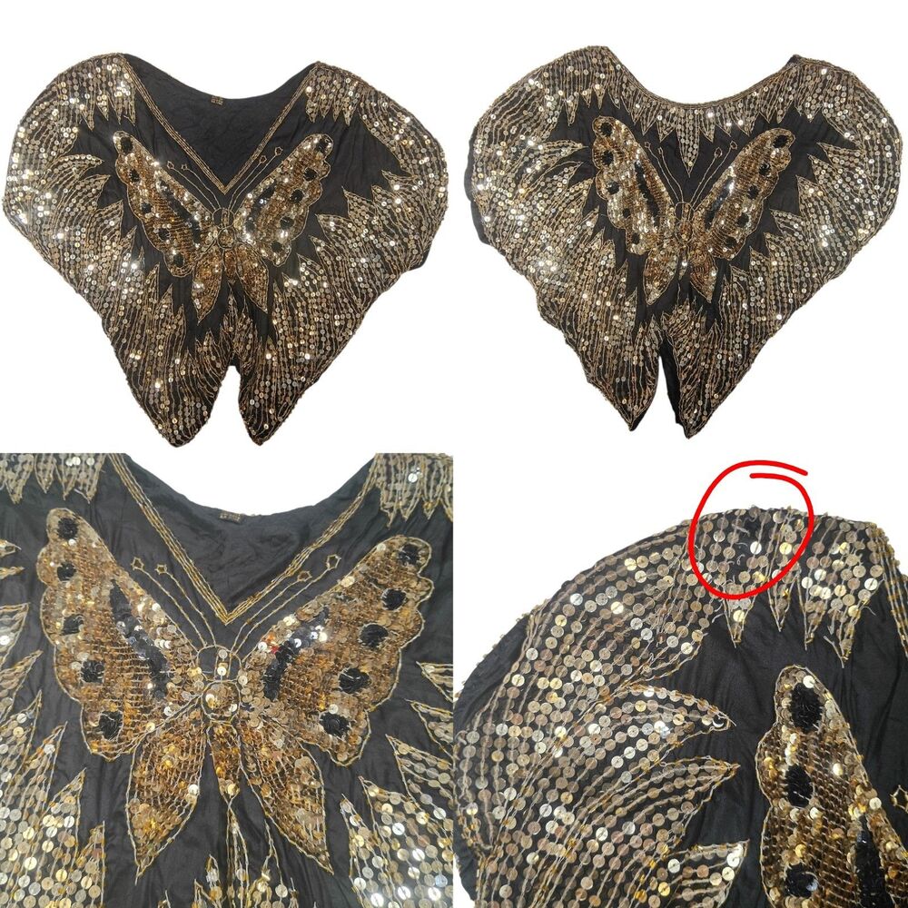 Vintage Silk Sequin Butterfly Top Beaded Poncho Cape Blouse Black Gold XL Disco